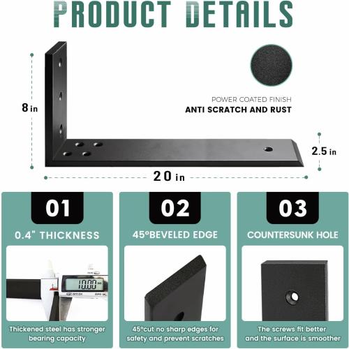 Countertop Support Brackets 3 Pack L Bracket Countertop Brackets 20 x 8 x 2.5 Heavy Duty 3/8 Thick Shelf Brackets Metal Corbels L Shape Bracket for Wood Shelf/Quartz/Granite/Concret Countertops