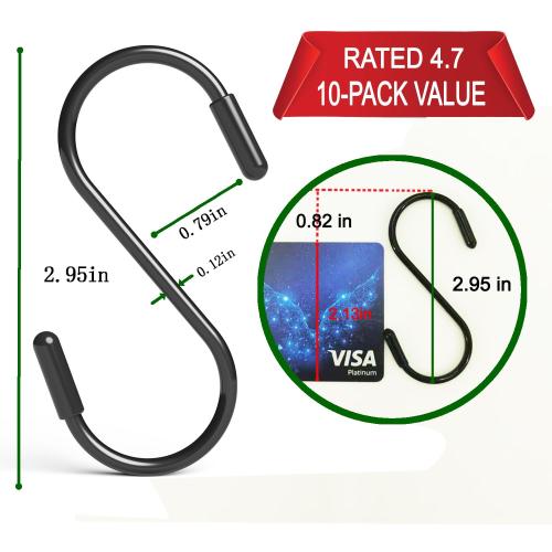 Heavy Duty Metal S-Hooks for Hanging, 3 Inch 10 Pack Vinyl Coated S Hooks for Hanging Plants, Kitchen Utensils, Bags, Jeans, Pots (Black)