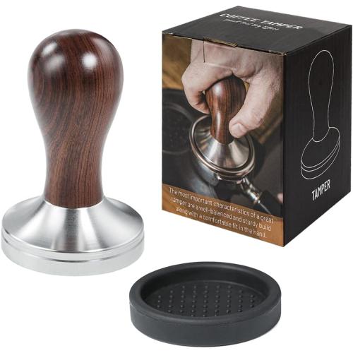 Coffee Tamper Espresso Press with Tamper Mat 304 Stainless Steel Flat Base Wooden Handle for Coffee Grounds Barista Espresso Machines Accessory (51MM)