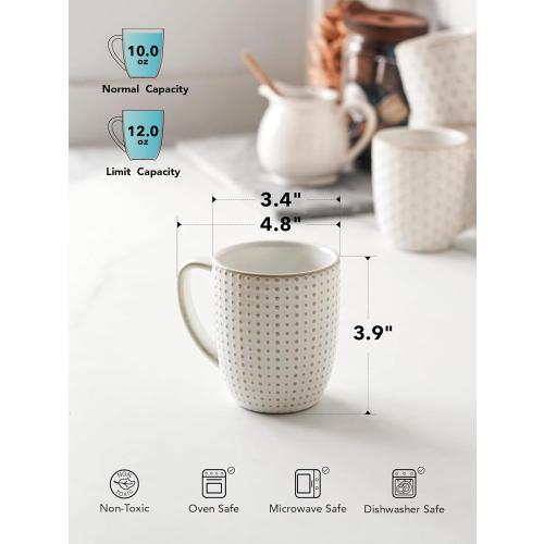 LE TAUCI Coffee Mugs 12 oz, Ceramic Mug Set Set of 4, Embossment Cups for Espresso, Latte, Tea, Cocoa, Cappuccino & Mocha, Dishwasher Oven Microwave Safe - 3.4 inch, Arctic White