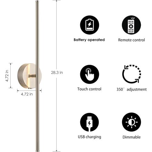 Battery Operated Wall Sconces with Remote Control, Dimmable Wall Sconces Set of Two, 350°Rotate, 3000K LED Nickel Wireless Wall Light for Living Room,Bedroom, Hallway, 28.3 Inch (2 Pack)