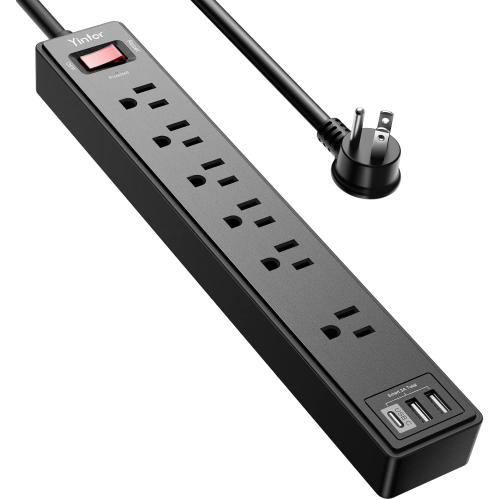 Yintar 6Ft Surge Protector Power Strip with 6 Outlets & 3 USB Ports, Black | 6 Feet Flat Plug Extension Cord with Multiple Outlets for Home, Office, Dorm Essentials, 1680 Joules, ETL Listed