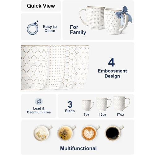 LE TAUCI Coffee Mugs 12 oz, Ceramic Mug Set Set of 4, Embossment Cups for Espresso, Latte, Tea, Cocoa, Cappuccino & Mocha, Dishwasher Oven Microwave Safe - 3.4 inch, Arctic White