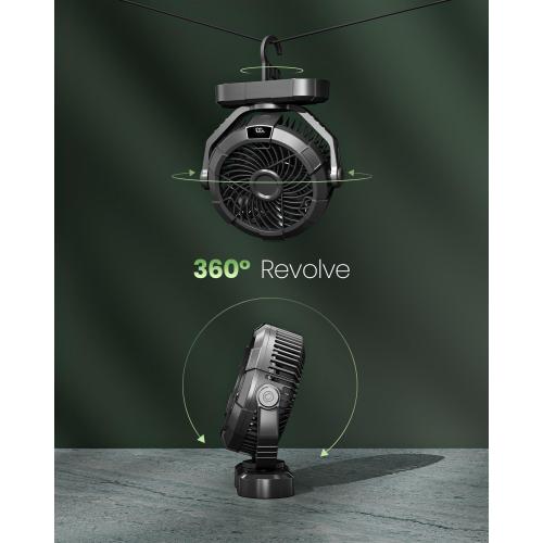 Gaiatop Portable Camping Fan with LED Lantern, Power Display 360° Head Rotation, Hanging Hook for Tent, 3 Speed Quiet Rechargeable, 4000mAh Battery Operated USB Fans for Indoor Outdoor Travel Black