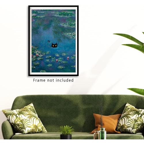 Vintage Monet Canvas Wall Art Famous Oil Paintings Monets Water Lillies Black Cat Poster Funny Cat Floral Print Abstract Farmhouse Gallery Aesthetic Room Decor for Bedroom Bathroom Unframed