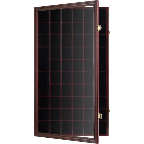 Shot Glass Display Case Cabinet Wall Rack Holder Shadow Box Lockable with UV Protection Acrylic Glass Door Shot Glass Collection Display with 56 Slots (Cherry Finish)
