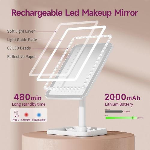 FUNTOUCH Rechargeable Lighted Mirrors for Makeup, 2000mAh, 10X Magnification/3 Color Lighting Portable Tabletop Cosmetic Make Up Mirror, 360° Rotation Led Light up Mirrors with Storage,White