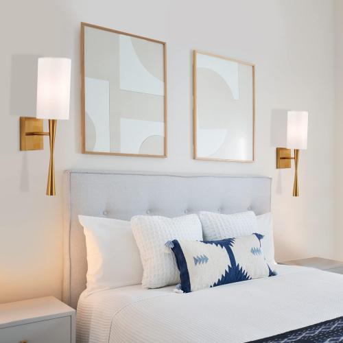 Modern Antique Brass Brush Paint Finish Wall Sconce Set of 2, with Creamy-White Fabric Straight Shade for Vanity Stairway Fireplace Kitchen Living Room Bedside
