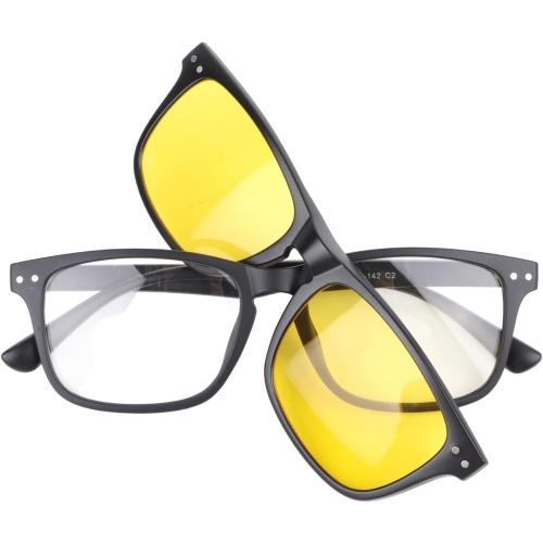 Color  Black , blue ,yellow , print grey Magnetic Clip on Sunglasses with 5 Interchangeable Clips,TR Rectangular Frame Stylish Night Driving Glasses TR Polarized Clip on Sunglasses for Women Men