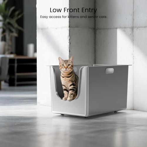 Stainless Steel Litter Box 13.7'' High Sides, XL Metal Cat Litter Box with Curved Low Entry, Cat Litter Pan for Big & Multiple Cats, Pet Toliet with Handy Wheels for Easy Moving