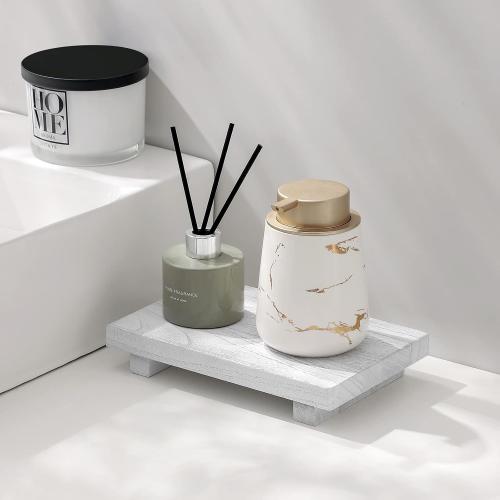 zoocatia Small Wood Tray Pedestal Stand Farmhouse Bathroom Decor Decorative Wooden Riser Kitchen Soap Dish Holder for Vanity, Counter, Sink, 9 x 5.9 - White