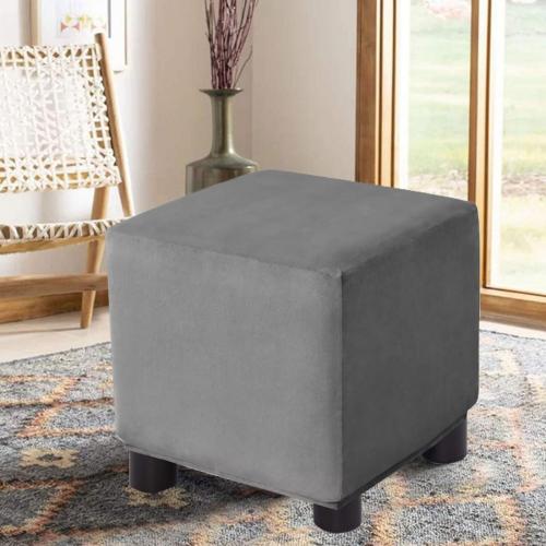 Ottoman Cover Square Velvet Storage Ottoman Slipcovers Thick Stretch Footrest Foot Stool Covers Protector with Elastic Band(Medium-Dark Gray)