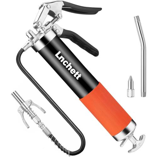 Lnchett Grease Gun with Quick Release Coupler, 9000 PSI Professional Heavy Duty 14 oz Pistol Grip Grease Gun with 18 Inch Spring Flex Hose, 1 Extension Rigid Pipe and1 Sharp Nozzle Included