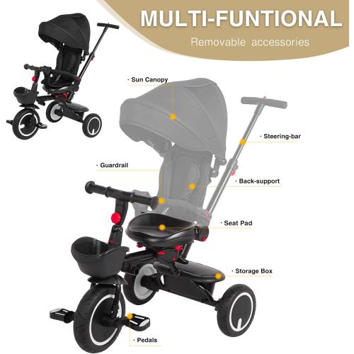 Baby Tricycle, 6-in-1 Folding Tricycle with Removable Push Handle, Rotatable Seat, Adjustable Canopy, Storage Box, Safety Harness, Balance Bike, Toddler Trike for 7 Months - 5 Year Girls and Boys