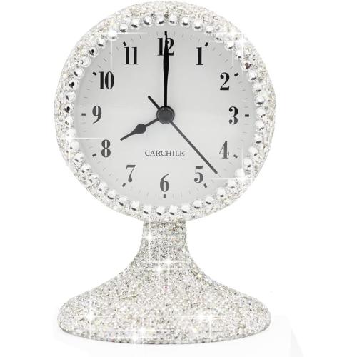Luxury Rhinestone Small Alarm Desk Table Clock Morning Call Handmade Fashion Design for Bedroom Houseroom Living Room Cute As Gift AR (Silver)