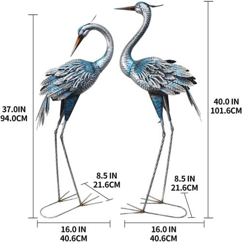 Outdoor Crane Garden Statues, Blue Heron Garden Statues | Large Metal Cranes for Yard, Lawn, Patio, Pond, Set of 2
