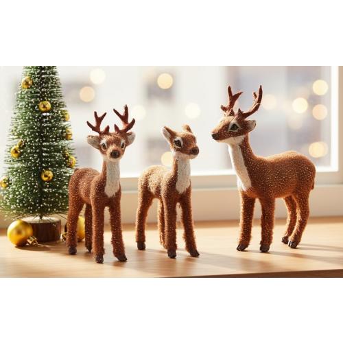 3 Pcs Christmas Reindeer Decor, Festive Holiday Decorations, Rustic Elk Ornaments, Handcrafted Tabletop Decor for Home, Office, Fireplace, Mantle (Brown)