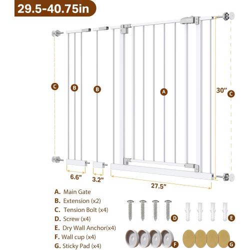 InnoTruth 29.5–40.75 Baby Gate for Stairs, 30 Tall Dog Gates for Doorways & Hallways, Safety Gate for Kids & Pets, Pressure-Mounted Walk-Through with Dual Lock & 2-Way Swing, White