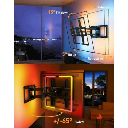 Perlegear AuraFrame™ Pre-Assembled TV Wall Mount with LED Light for 42″–90″ TVs up to 150 lbs, Full Motion Wall Mount, Tilt, Swivel & Extension, TV Backlights with Music Sync, Max VESA 600 x 400mm