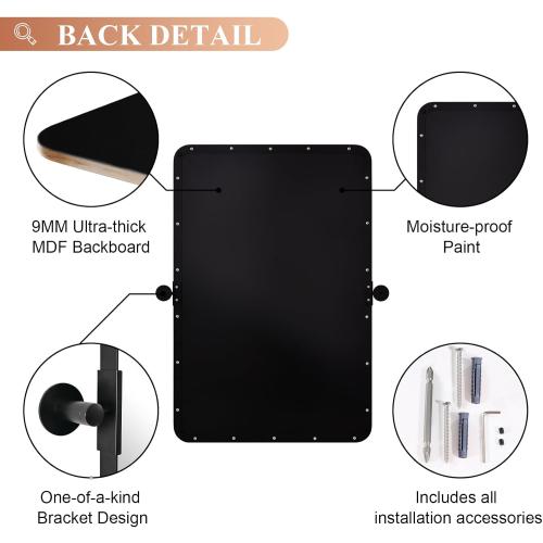 MOON MIRROR 24x36 Matte Black Pivot Mirror for Bathroom, Metal Frame Bathroom Mirrors for Wall,Rectangle Titling Vanity Wall Mirror with Rounded Corner Hangs Vertical(Overall 27.75 x 36)