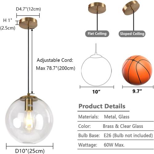 Modern Globe Glass Pendant Light 10” Mid Century Pendant Light Gold Finish Adjustable Hanging Light Fixture Clear Glass Lampshade Kitchen Island Light for Dining Room Bedroom Living Room