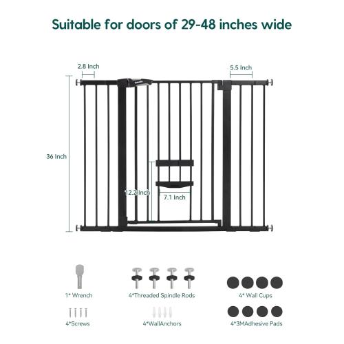 BABELIO 36 Inch Extra Tall Baby Gate with Cat Door, 29-48 Auto Close Pet Door for Stairs, Doorways and House, with Wall Cups, Black