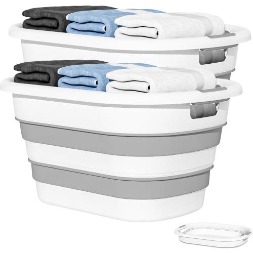 OOAMBB 43L(11.5Gallon) Collapsible Laundry Baskets Plastic, Pop Up Laundry hamper/Storage Container, Foldable Laundry Basket with Large Capacity,Sturdy,Space Saver (Grey, 2 Packs)