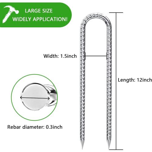 Rebar-Stakes-12-Inch-Galvanized, U Hook Trampoline Stakes 6 Pack Ground Anchors Tent Stakes Heavy Duty for Plants Anti-Rust Landscape Fabric Stakes Artificial Turf