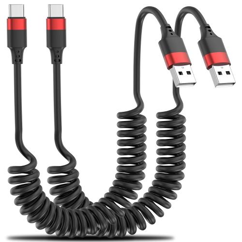 Coiled USB C Cable for Car, 2 Pack Type C Coiled Cable Fast Charging, USB to USBC Coiled Cable, USB C Car Charger Cord for iPhone 17 16 15, Samsung Galaxy S25 S24 S23 Ultra, Pixel 10 9