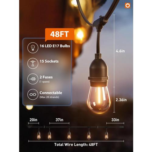 Size 48ft  LED Outdoor String Lights 48FT with Edison Vintage Shatterproof Bulbs and Commercial Grade Weatherproof Strand - ETL Listed Decorative Lights for Patio Garden