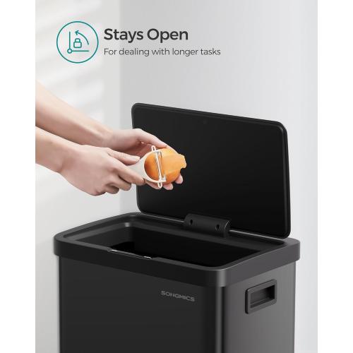 SONGMICS Motion Sensor Trash Can, Gallon Automatic Kitchen Garbage Can with Stay-Open Lid, Soft Close, Stainless Steel, 15 Trash Bags Included, Ink Black ULTB630B68