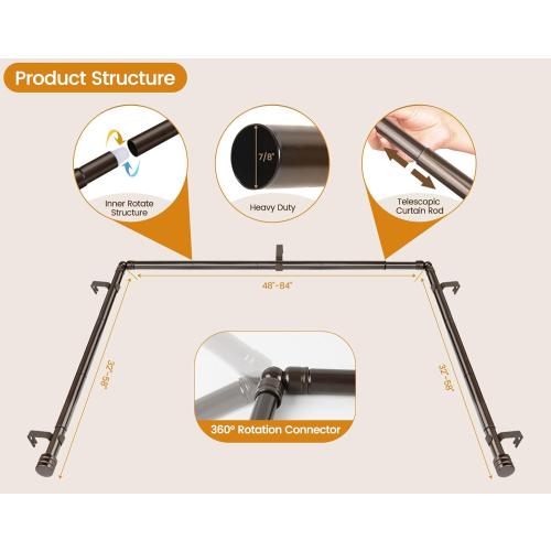 Bay Window Curtain Rods, HOTOZON 7/8 Inch Heavy Duty Curtain Rods for Bay Windows 48-84 Inch(Center Rod), 32-58 Inch Side Rods for Windows, Antique Bronze, Decorative Drapery Rod with End Cap Finials