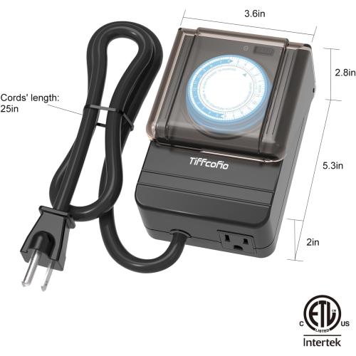TiFFCOFiO Outdoor Timer Outlet Waterproof, 24 Hour Mechanical Light Timer Outdoor, 2 Grounded Outlets for Home and Garden, 15A 1/2HP, Heavy Duty, ETL Listed (15 Min Interval)
