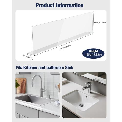 Acrylic Sink Splash Guard, Highly Transparent Fixed Splash Guard for Kitchen Island & Bathroom（23.6L x 1.6W x 4.7H）