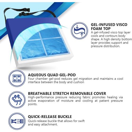 NYOrtho Gel Wheelchair Cushion - Gel-Infused Memory Foam Cooling Comfort - Non-Slip, Water-Resistant Seat Cushion Long Sitting - Ideal Wheelchairs - Gel Pad 18 x 16 x 2 - Made in USA