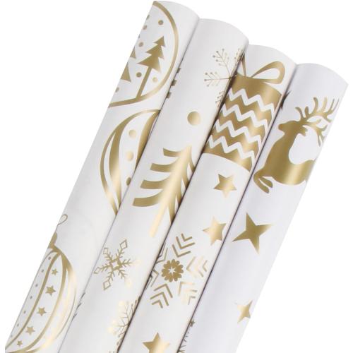 KIMOBER 4 Rolls Christmas Wrapping Paper with Cut Lines on Reverse,Coated Paper with Golden Christmas Elements(30in × 144in Per Roll)