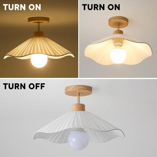 Flower Ceiling Light for Hallway,Semi Flush Mount Ceiling Light with Fabric Shade,Modern Ceiling Light Fixture with Wooden Base for Bedroom, Porch, Entryway(15.7 Inch)