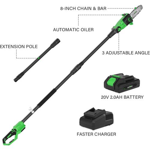 SOYUS Pole Saw 8-Inch Cordless, 15-Foot Max Reach Electric Pole Saw for Tree Trimming, 16ft/s Speed, Auto Oiling, Multi-Angle Pole Chainsaw with 2.0Ah Battery & Charger