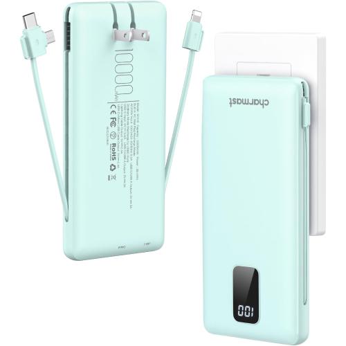 charmast Portable Charger with Built-in Cables and Plug, 10000mAh USB C Power Bank Fast Charging, External Battery Pack Slim, Travel Essentials Compatible with iPhones, Samsung Galaxy, iPad