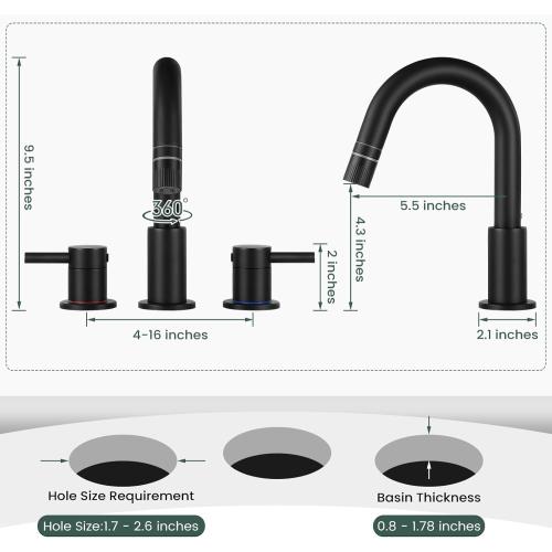 Pull Down Bathroom Faucet for Sink 3 Hole,8 inch Widespread Matte Black Bathroom Sink Faucet with Pop Up Drain, Water Supply Hoses