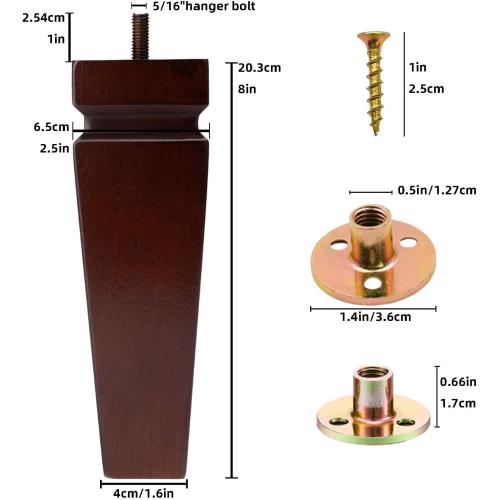 Square Wood Furniture Legs Set of 4 - Wooden Replacement Feet for Couch, Bed, Bench, Dresser, Rubber Wood Parts for Table, Sofa, Wooden Legs Chairs Complete with Installation Hardware (Brown)