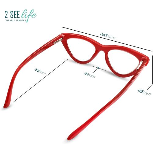 2SeeLife Premium Cat Eye TR-90 Reading Glasses for Women – Narrow–Medium Fit, Sturdy Frame, Spring Hinges, Stylish Readers, Red,  0.75