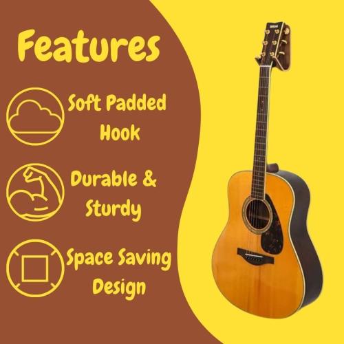 Guitar Wall Hanger - Sturdy Wood Base with Padded Hook - Secure & Stylish Holder for Acoustic, Electric, and Bass Guitars – Easy Installation & Space-Saving Design