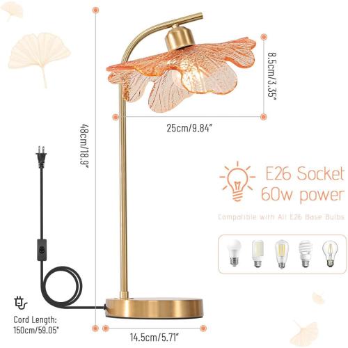 Mid Century Modern Table lamp Bedside Table Lamps with Touch Switch Amber Glass Tall Table lamp Gold Desk lamp nightstand lamp Small Table lamp for Bedroom Living Room Office