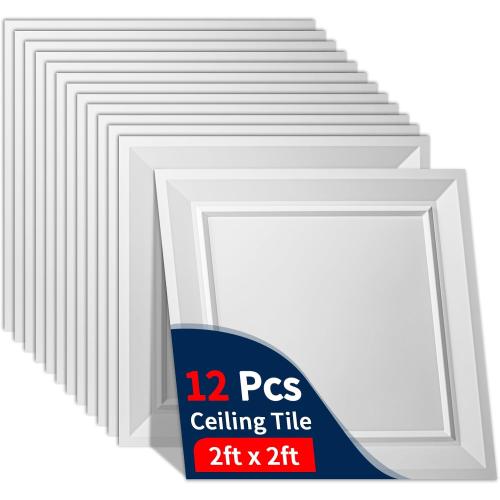 Art3dwallpanels Ceiling Tiles 24 x 24 Drop Ceiling Tiles, 12 Pack Drop in High Grade PVC Wall Panels, Fire Rated, Waterproof, Light Weight, Cover 48 Sq.Ft, White