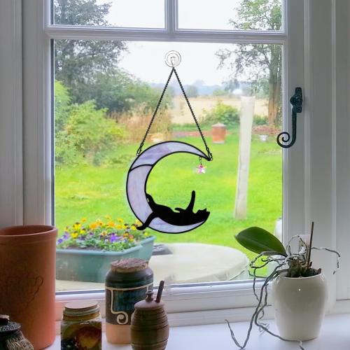 BOXCASA Black Cat Moon Suncatchers for Windows Hanging,Funny Stained Glass Cats Gift,Witchy Gifts for Women,Cats Themed Gifts for Women