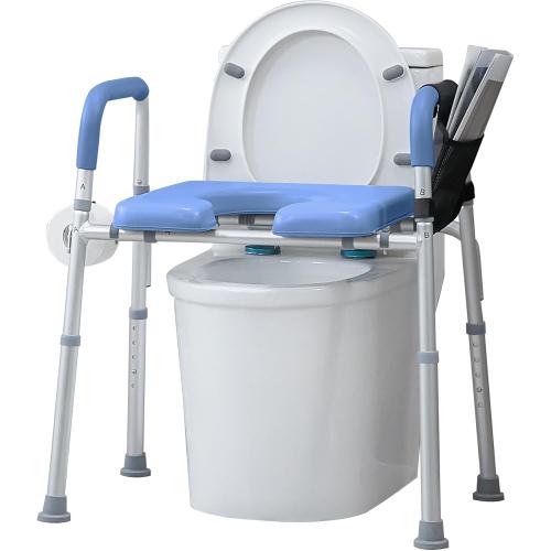 Raised Toilet Seat with Armrests and Padded Seat, Elevated Toilet Seat Riser for Elderly and Disabled, Adjustable Height, Blue
