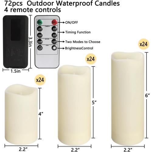 Set of 72 Flameless Led Battery Opeated (D2.2'' x H4''5''6'') Waterproof Outdoor Indoor Candles with 10-Key Remotes and Cycling 24 Hours Timer