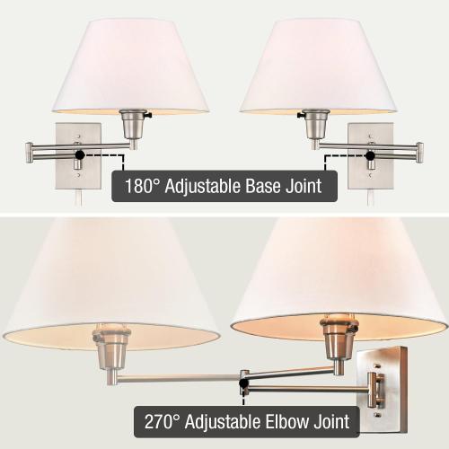 Modern Swing Arm Wall Sconce   3-Way Switch, 2-Pack | White Empire Fabric Shade, 2-in-1 Plug In or Hardwired Bedroom Wall Lamp, Satin Nickel Finish