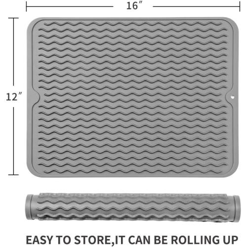 Silicone Dish Drying Mat for Multiple Usage,Easy clean,Eco-friendly,Heat-resistant Silicone Mat for Kitchen Counter or Sink,Refrigerator or drawer liner Grey L 16 inches x 12 inches